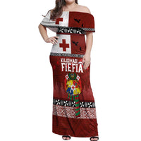 Tongan Christmas Off Shoulder Maxi Dress Kilisimasi Fiefia with Ngatu Art Tattoo LT03 Women Red - Polynesian Pride