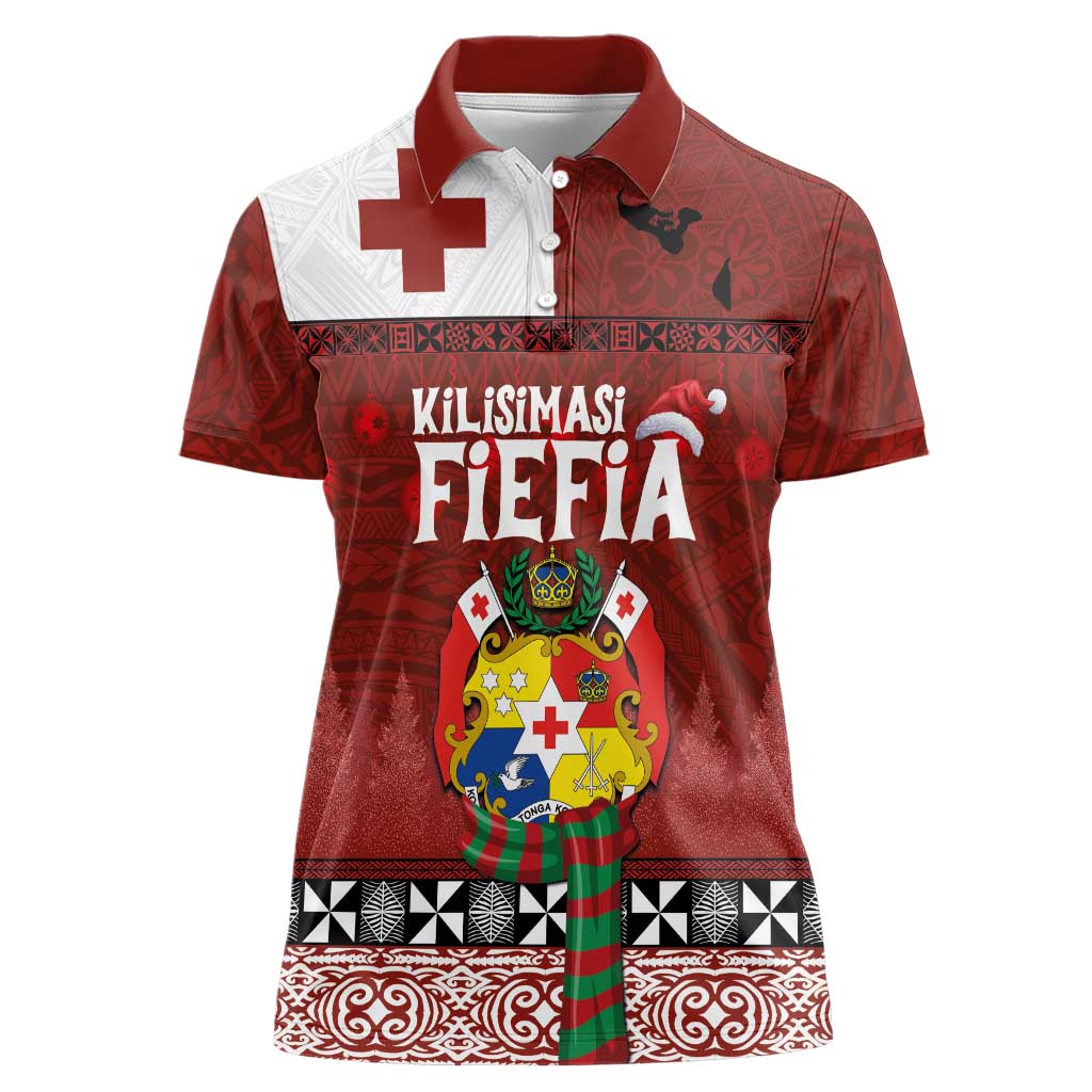 Tongan Christmas Women Polo Shirt Kilisimasi Fiefia with Ngatu Art Tattoo LT03 Female Red - Polynesian Pride