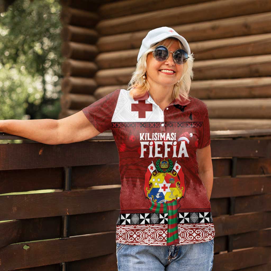 Tongan Christmas Women Polo Shirt Kilisimasi Fiefia with Ngatu Art Tattoo LT03 - Polynesian Pride