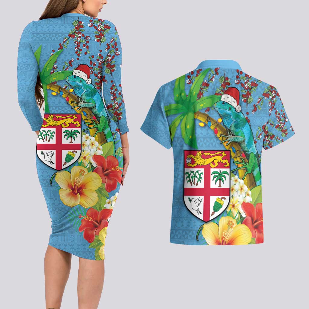 Fijians Iguana Tagimoucia Christmas Couples Matching Long Sleeve Bodycon Dress and Hawaiian Shirt Christmas Palm Tree and Hibiscus LT03 - Polynesian Pride