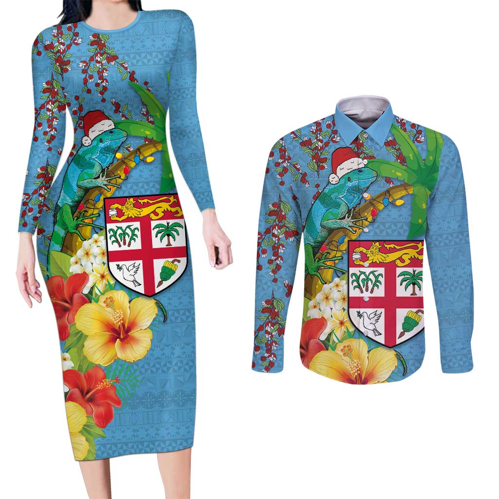 Fijians Iguana Tagimoucia Christmas Couples Matching Long Sleeve Bodycon Dress and Long Sleeve Button Shirt Christmas Palm Tree and Hibiscus LT03 Blue - Polynesian Pride