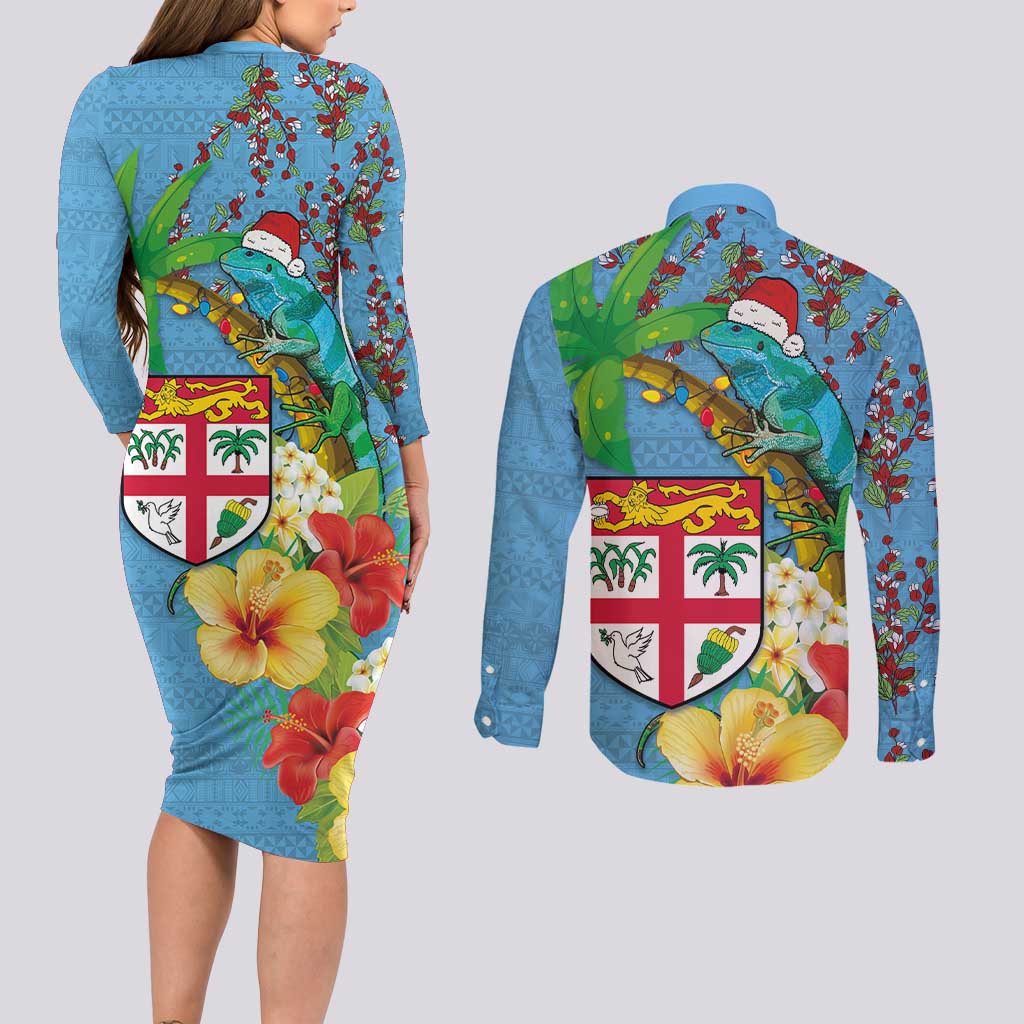 Fijians Iguana Tagimoucia Christmas Couples Matching Long Sleeve Bodycon Dress and Long Sleeve Button Shirt Christmas Palm Tree and Hibiscus LT03 - Polynesian Pride