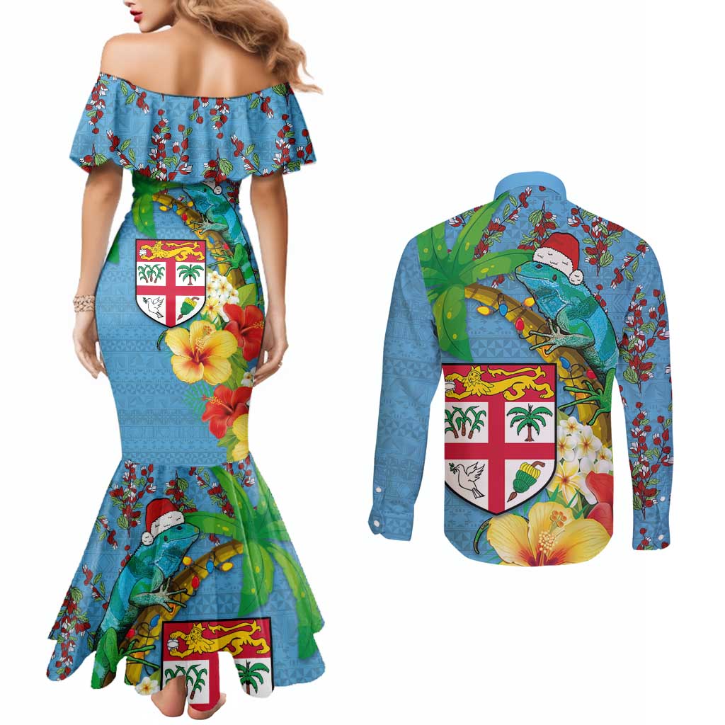 Fijians Iguana Tagimoucia Christmas Couples Matching Mermaid Dress and Long Sleeve Button Shirt Christmas Palm Tree and Hibiscus LT03 - Polynesian Pride
