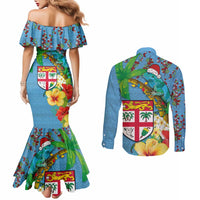 Fijians Iguana Tagimoucia Christmas Couples Matching Mermaid Dress and Long Sleeve Button Shirt Christmas Palm Tree and Hibiscus LT03 - Polynesian Pride