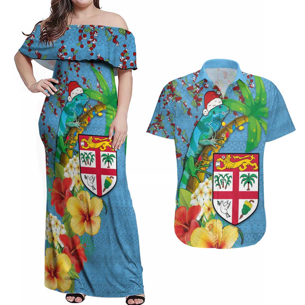 Fijians Iguana Tagimoucia Christmas Couples Matching Off Shoulder Maxi Dress and Hawaiian Shirt Christmas Palm Tree and Hibiscus LT03 Blue - Polynesian Pride
