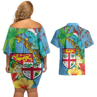 Fijians Iguana Tagimoucia Christmas Couples Matching Off Shoulder Short Dress and Hawaiian Shirt Christmas Palm Tree and Hibiscus LT03 - Polynesian Pride