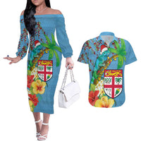 Fijians Iguana Tagimoucia Christmas Couples Matching Off The Shoulder Long Sleeve Dress and Hawaiian Shirt Christmas Palm Tree and Hibiscus LT03 Blue - Polynesian Pride