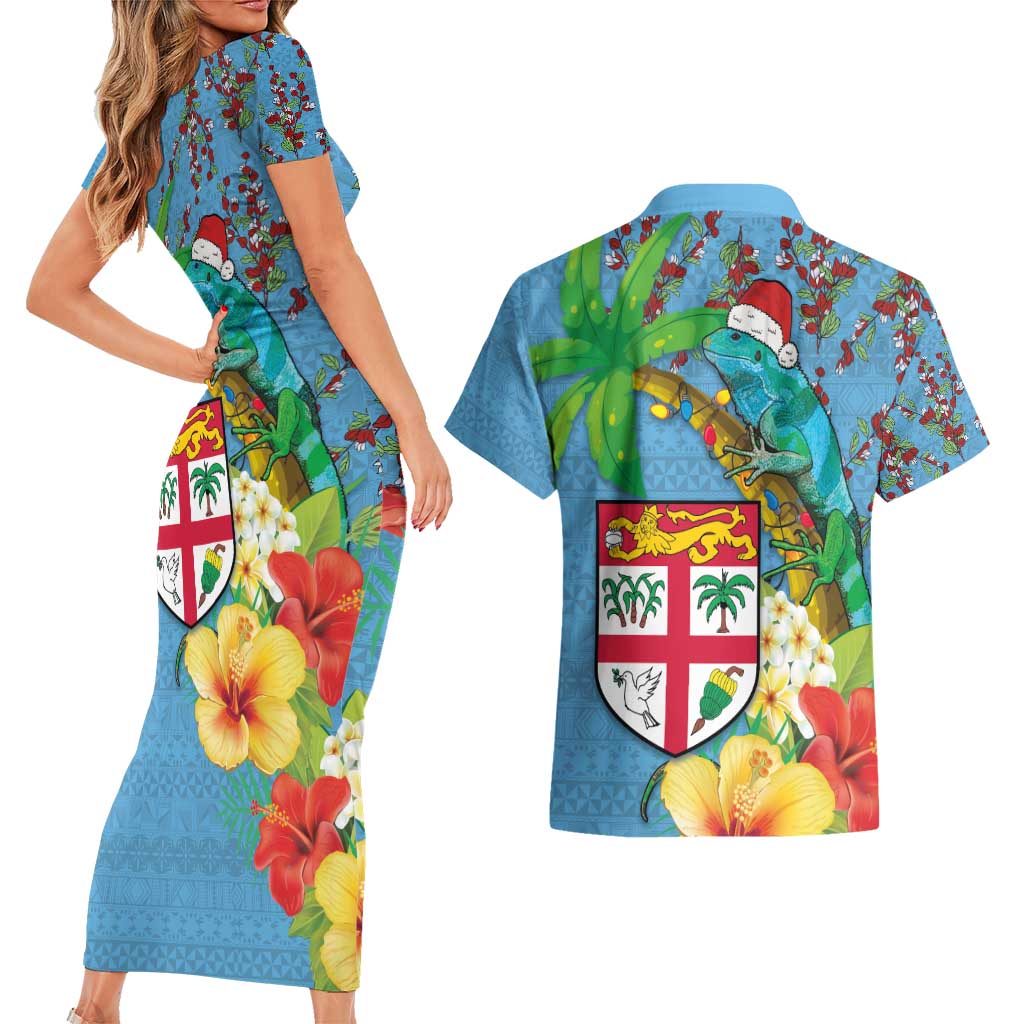 Fijians Iguana Tagimoucia Christmas Couples Matching Short Sleeve Bodycon Dress and Hawaiian Shirt Christmas Palm Tree and Hibiscus LT03 - Polynesian Pride