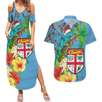 Fijians Iguana Tagimoucia Christmas Couples Matching Summer Maxi Dress and Hawaiian Shirt Christmas Palm Tree and Hibiscus LT03 Blue - Polynesian Pride