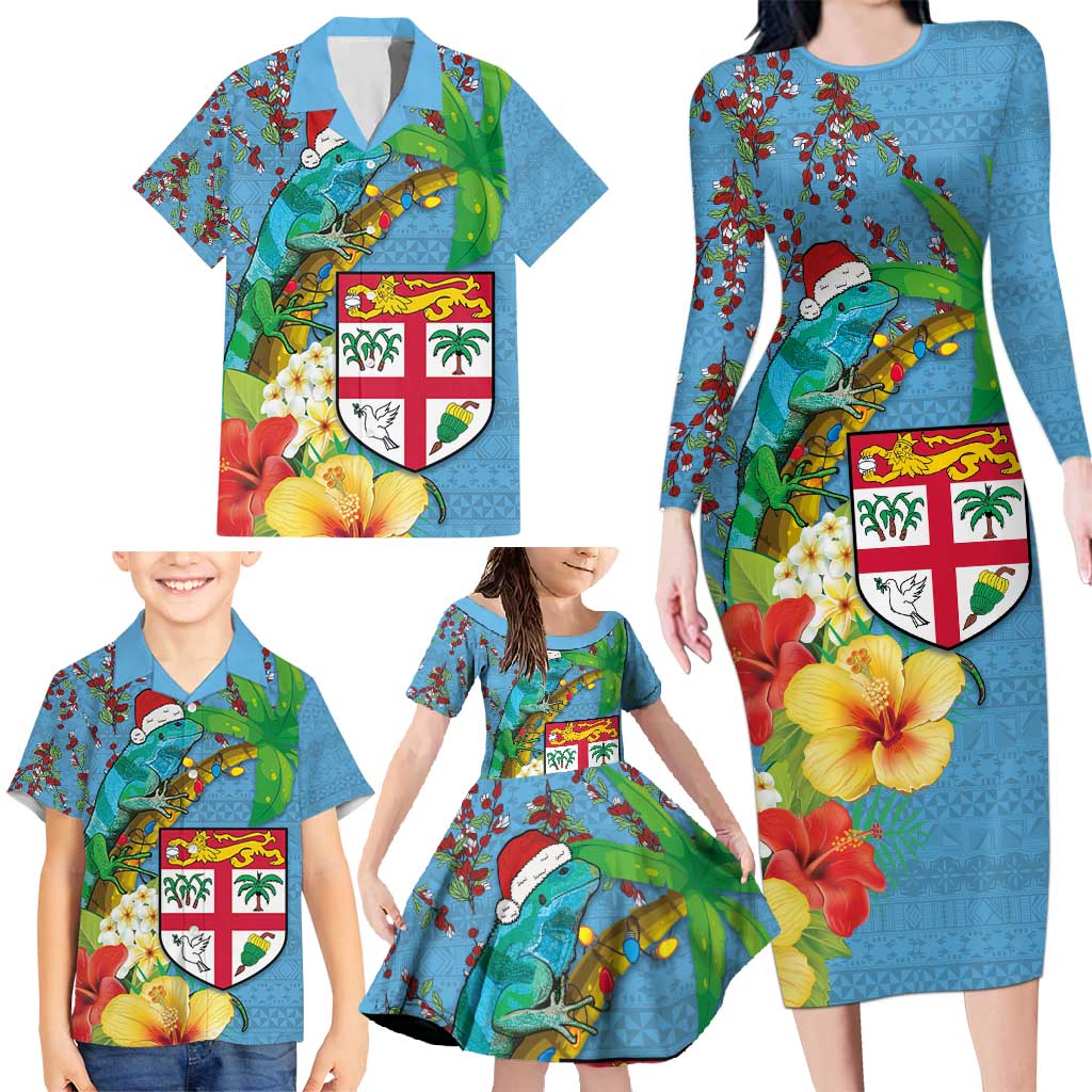 Fijians Iguana Tagimoucia Christmas Family Matching Long Sleeve Bodycon Dress and Hawaiian Shirt Christmas Palm Tree and Hibiscus LT03 - Polynesian Pride