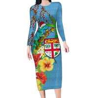 Fijians Iguana Tagimoucia Christmas Family Matching Long Sleeve Bodycon Dress and Hawaiian Shirt Christmas Palm Tree and Hibiscus LT03 Mom's Dress Blue - Polynesian Pride