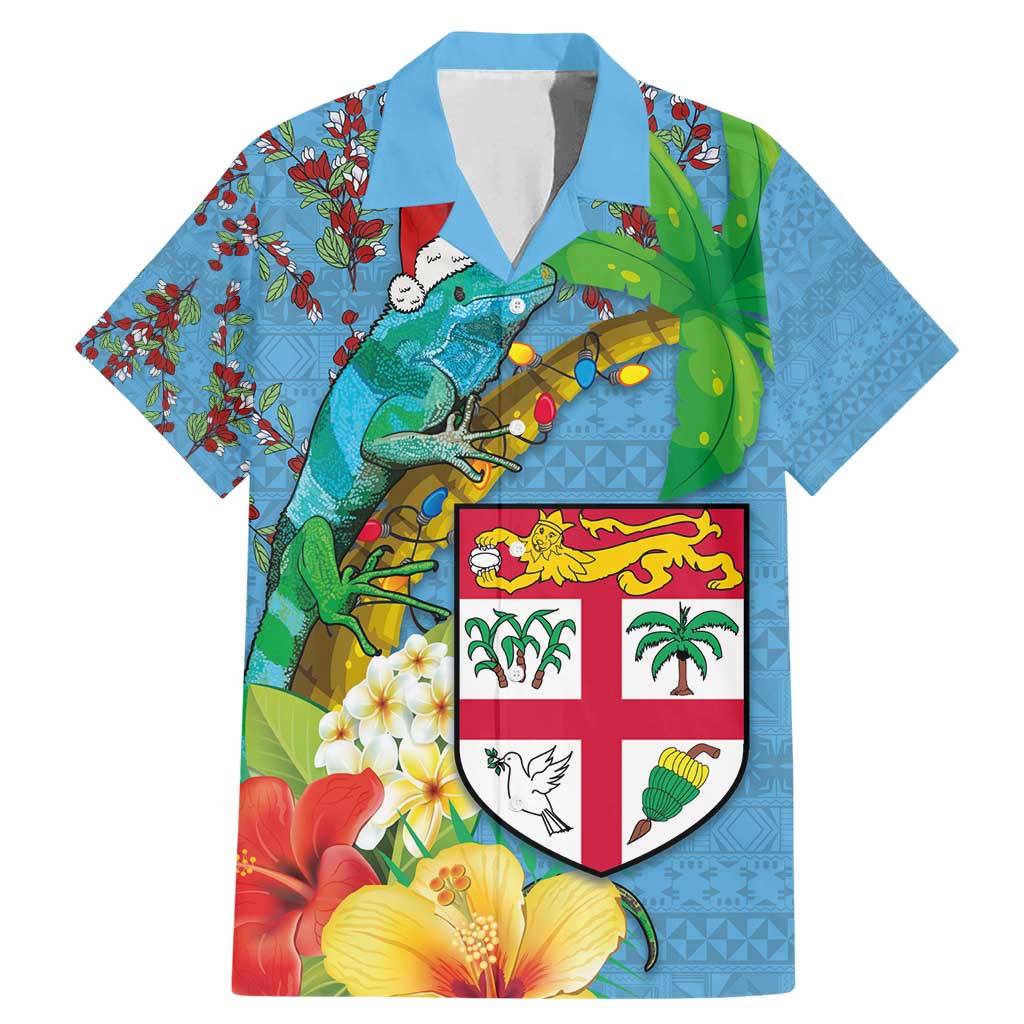 Fijians Iguana Tagimoucia Christmas Family Matching Mermaid Dress and Hawaiian Shirt Christmas Palm Tree and Hibiscus LT03 Dad's Shirt - Short Sleeve Blue - Polynesian Pride