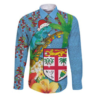 Fijians Iguana Tagimoucia Christmas Family Matching Mermaid Dress and Hawaiian Shirt Christmas Palm Tree and Hibiscus LT03 Dad's Shirt - Long Sleeve Blue - Polynesian Pride