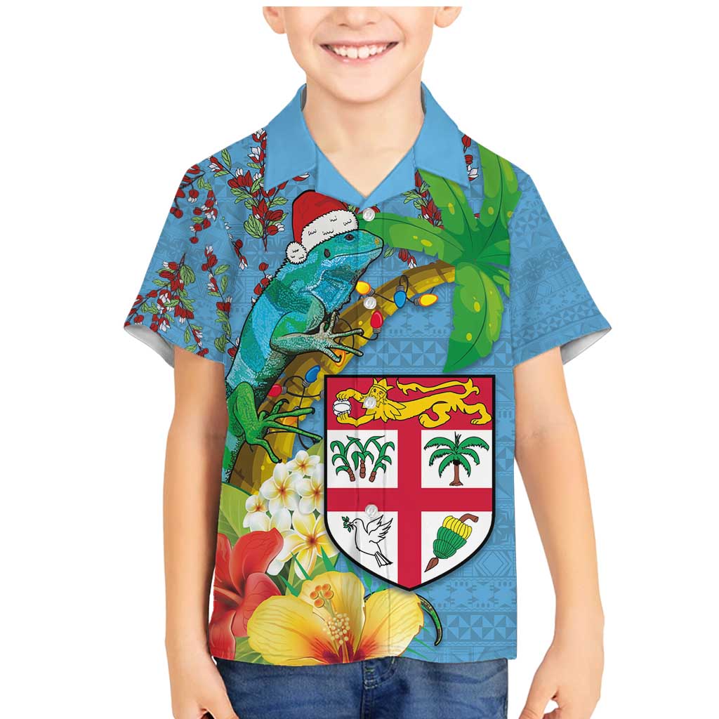 Fijians Iguana Tagimoucia Christmas Family Matching Mermaid Dress and Hawaiian Shirt Christmas Palm Tree and Hibiscus LT03 Son's Shirt Blue - Polynesian Pride