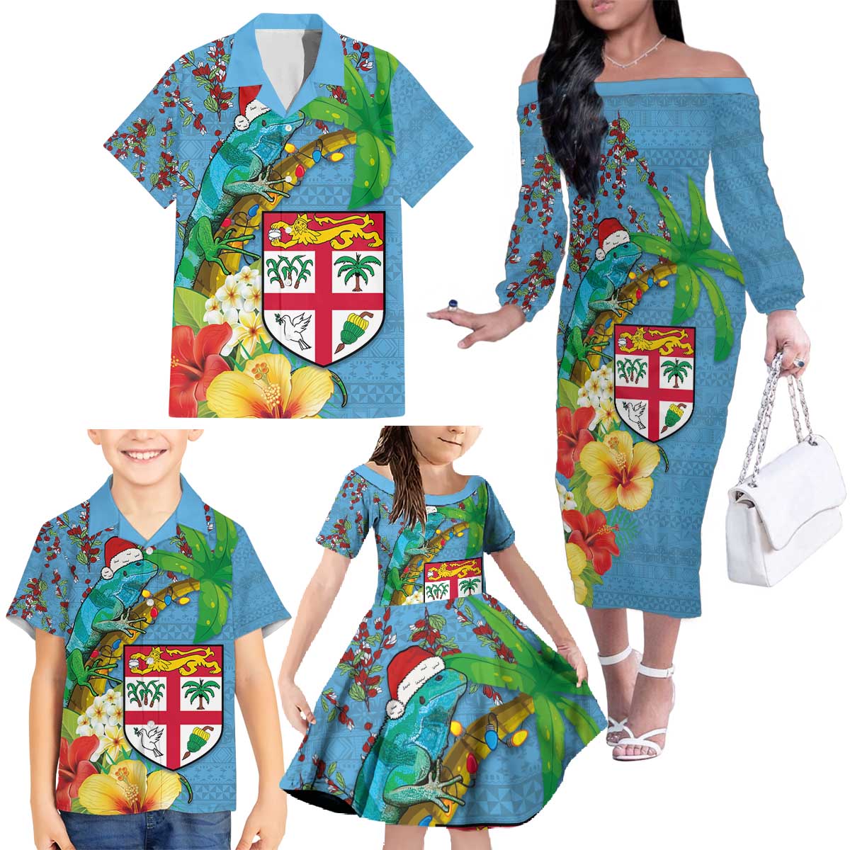 Fijians Iguana Tagimoucia Christmas Family Matching Off The Shoulder Long Sleeve Dress and Hawaiian Shirt Christmas Palm Tree and Hibiscus LT03 - Polynesian Pride