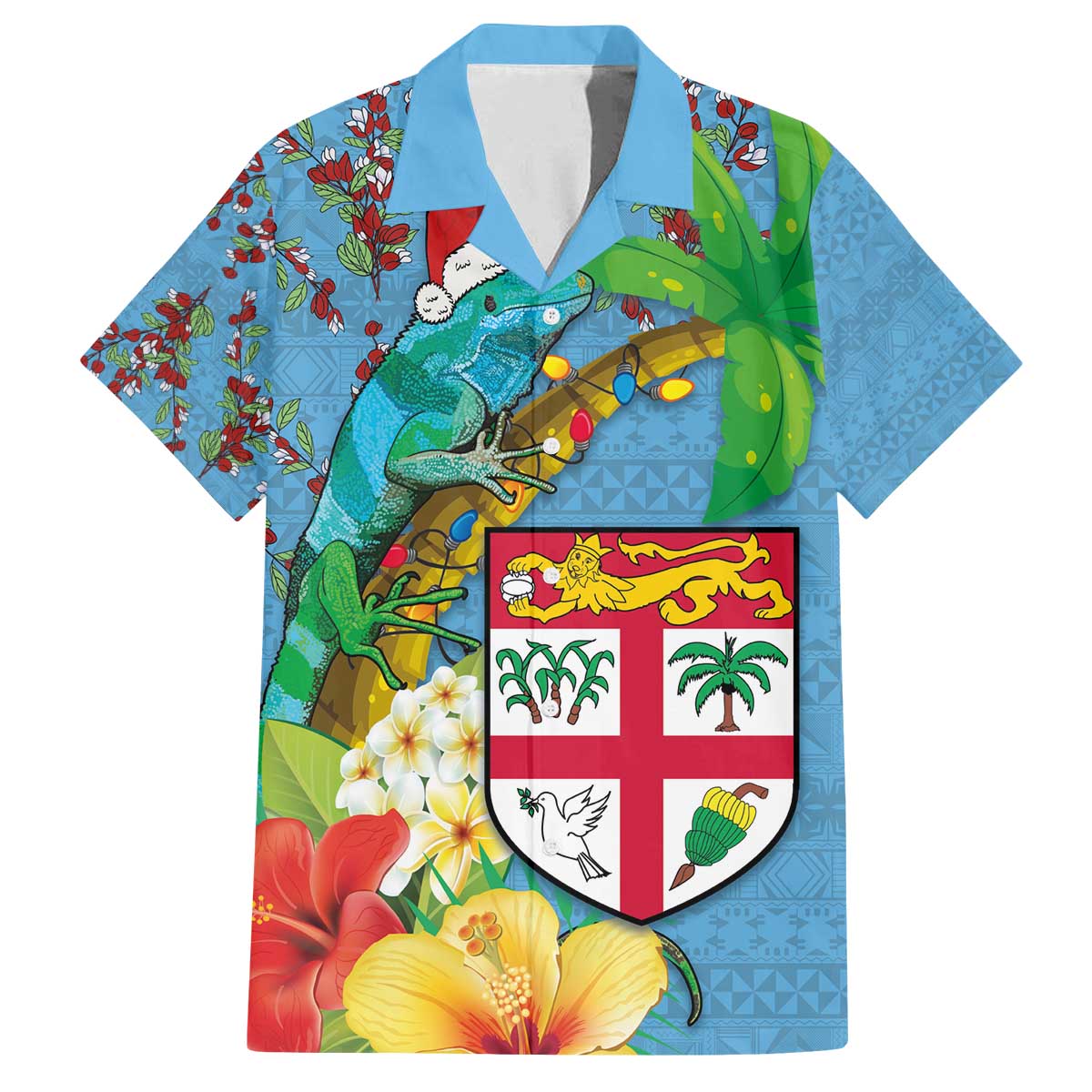 Fijians Iguana Tagimoucia Christmas Family Matching Off The Shoulder Long Sleeve Dress and Hawaiian Shirt Christmas Palm Tree and Hibiscus LT03 Dad's Shirt - Short Sleeve Blue - Polynesian Pride