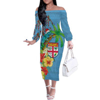 Fijians Iguana Tagimoucia Christmas Family Matching Off The Shoulder Long Sleeve Dress and Hawaiian Shirt Christmas Palm Tree and Hibiscus LT03 Mom's Dress Blue - Polynesian Pride