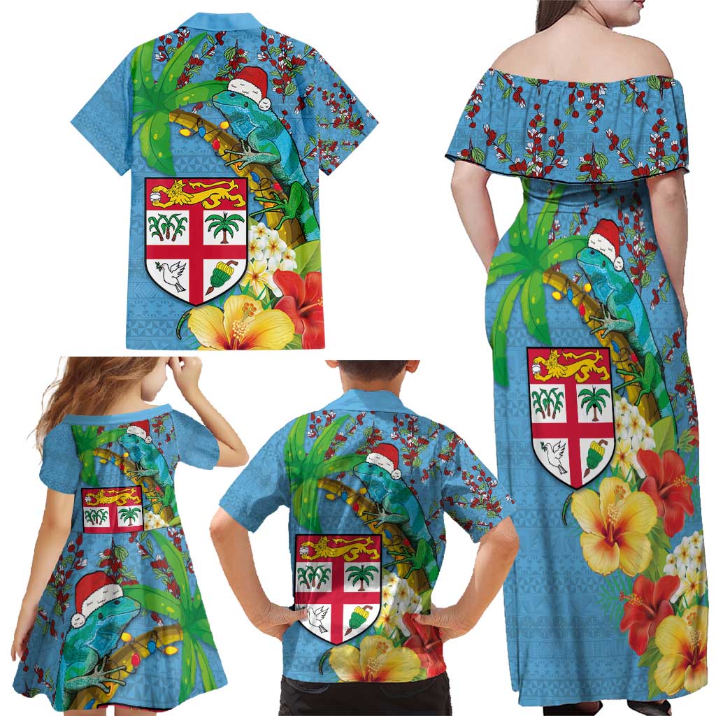 Fijians Iguana Tagimoucia Christmas Family Matching Off Shoulder Maxi Dress and Hawaiian Shirt Christmas Palm Tree and Hibiscus LT03 - Polynesian Pride