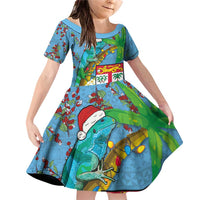 Fijians Iguana Tagimoucia Christmas Family Matching Off Shoulder Short Dress and Hawaiian Shirt Christmas Palm Tree and Hibiscus LT03 Daughter's Dress Blue - Polynesian Pride