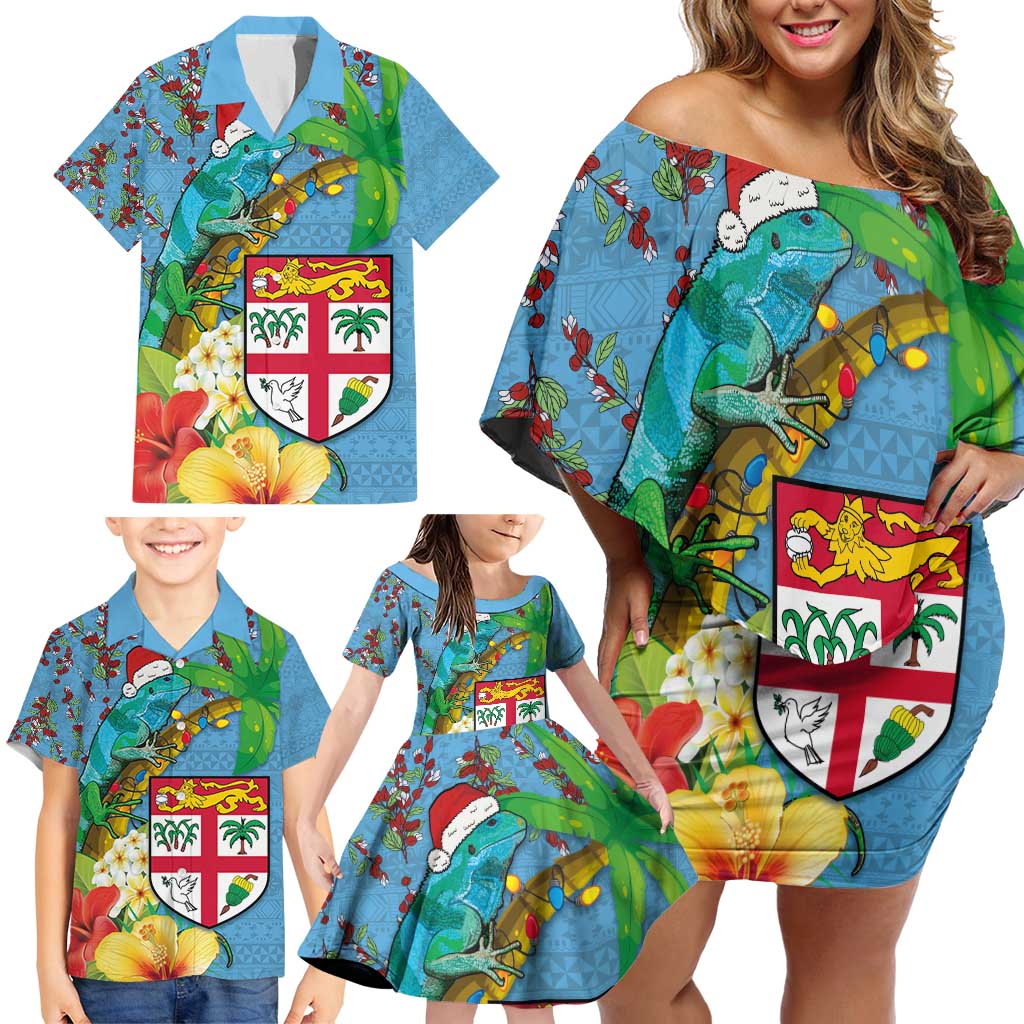 Fijians Iguana Tagimoucia Christmas Family Matching Off Shoulder Short Dress and Hawaiian Shirt Christmas Palm Tree and Hibiscus LT03 - Polynesian Pride