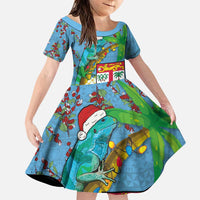 Fijians Iguana Tagimoucia Christmas Family Matching Puletasi and Hawaiian Shirt Christmas Palm Tree and Hibiscus LT03 Daughter's Dress Blue - Polynesian Pride