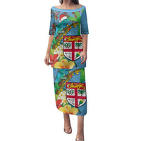 Fijians Iguana Tagimoucia Christmas Family Matching Puletasi and Hawaiian Shirt Christmas Palm Tree and Hibiscus LT03 Mom's Dress Blue - Polynesian Pride