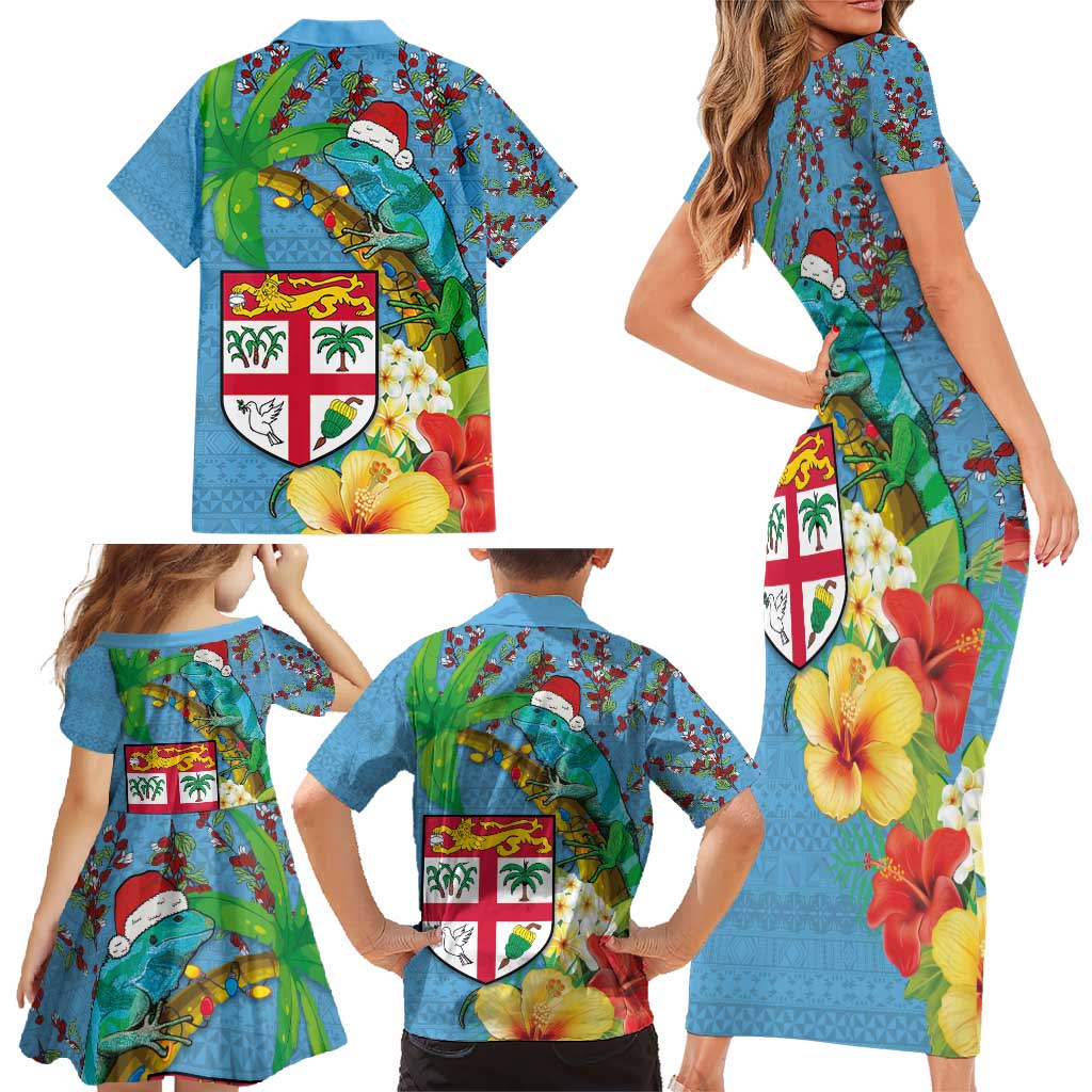 Fijians Iguana Tagimoucia Christmas Family Matching Short Sleeve Bodycon Dress and Hawaiian Shirt Christmas Palm Tree and Hibiscus LT03 - Polynesian Pride