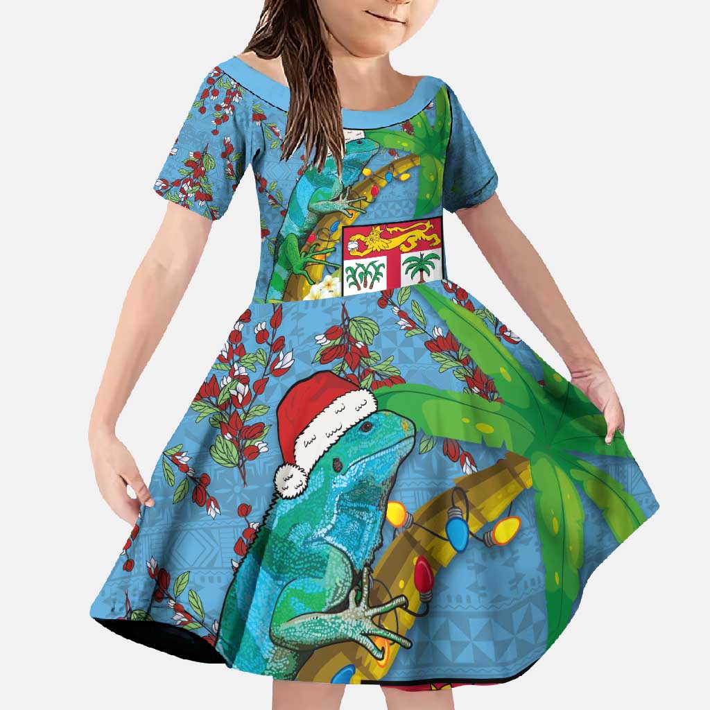 Fijians Iguana Tagimoucia Christmas Family Matching Summer Maxi Dress and Hawaiian Shirt Christmas Palm Tree and Hibiscus LT03 Daughter's Dress Blue - Polynesian Pride