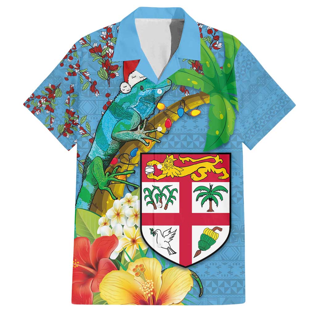Fijians Iguana Tagimoucia Christmas Family Matching Summer Maxi Dress and Hawaiian Shirt Christmas Palm Tree and Hibiscus LT03 Dad's Shirt - Short Sleeve Blue - Polynesian Pride