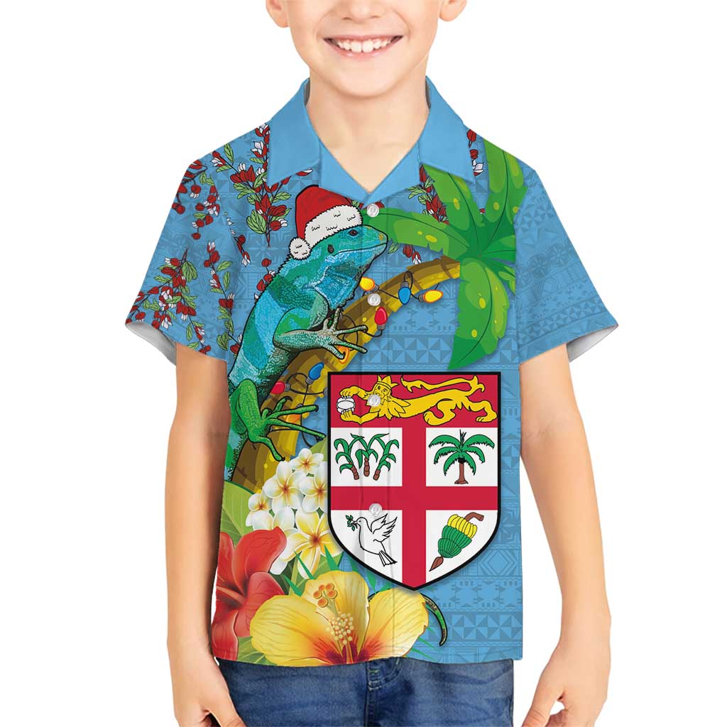 Fijians Iguana Tagimoucia Christmas Family Matching Summer Maxi Dress and Hawaiian Shirt Christmas Palm Tree and Hibiscus LT03 Son's Shirt Blue - Polynesian Pride