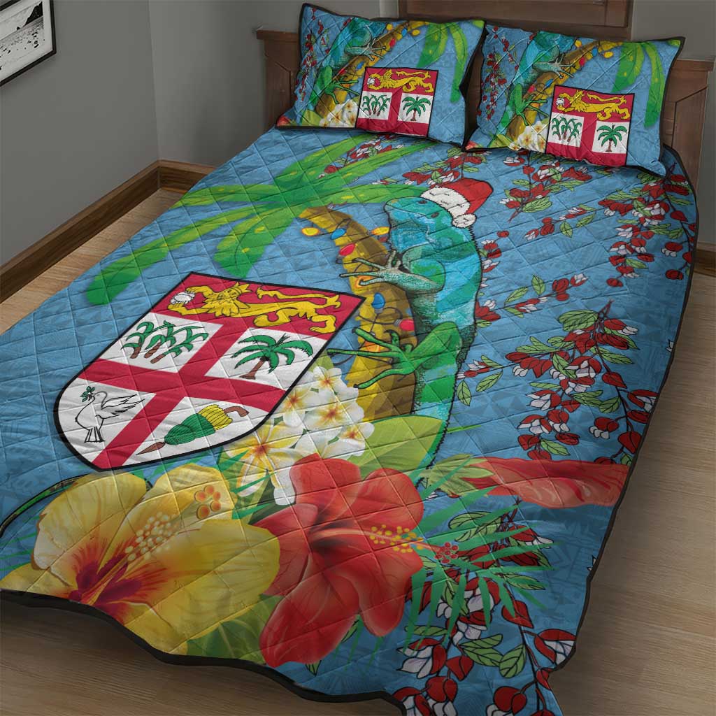 Fijians Iguana Tagimoucia Christmas Quilt Bed Set Christmas Palm Tree and Hibiscus