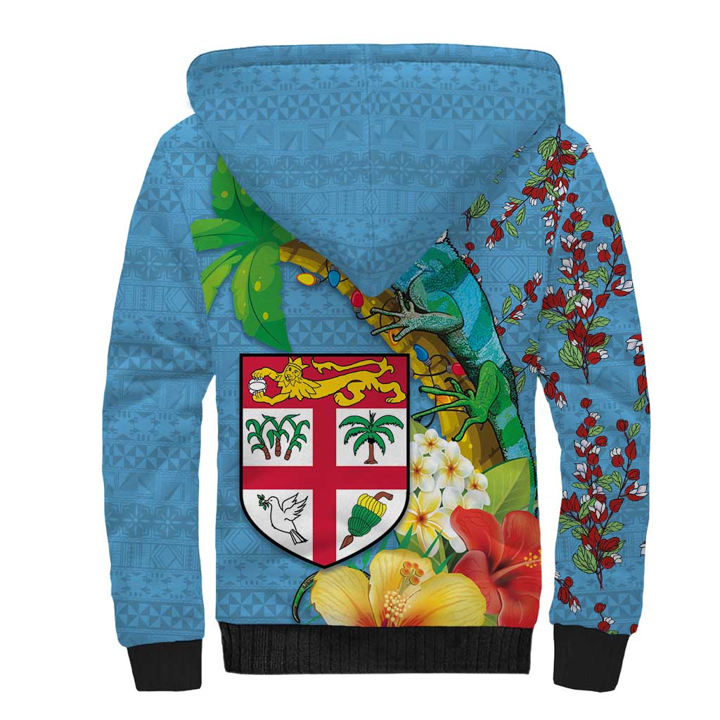 Fijians Iguana Tagimoucia Christmas Sherpa Hoodie Christmas Palm Tree and Hibiscus