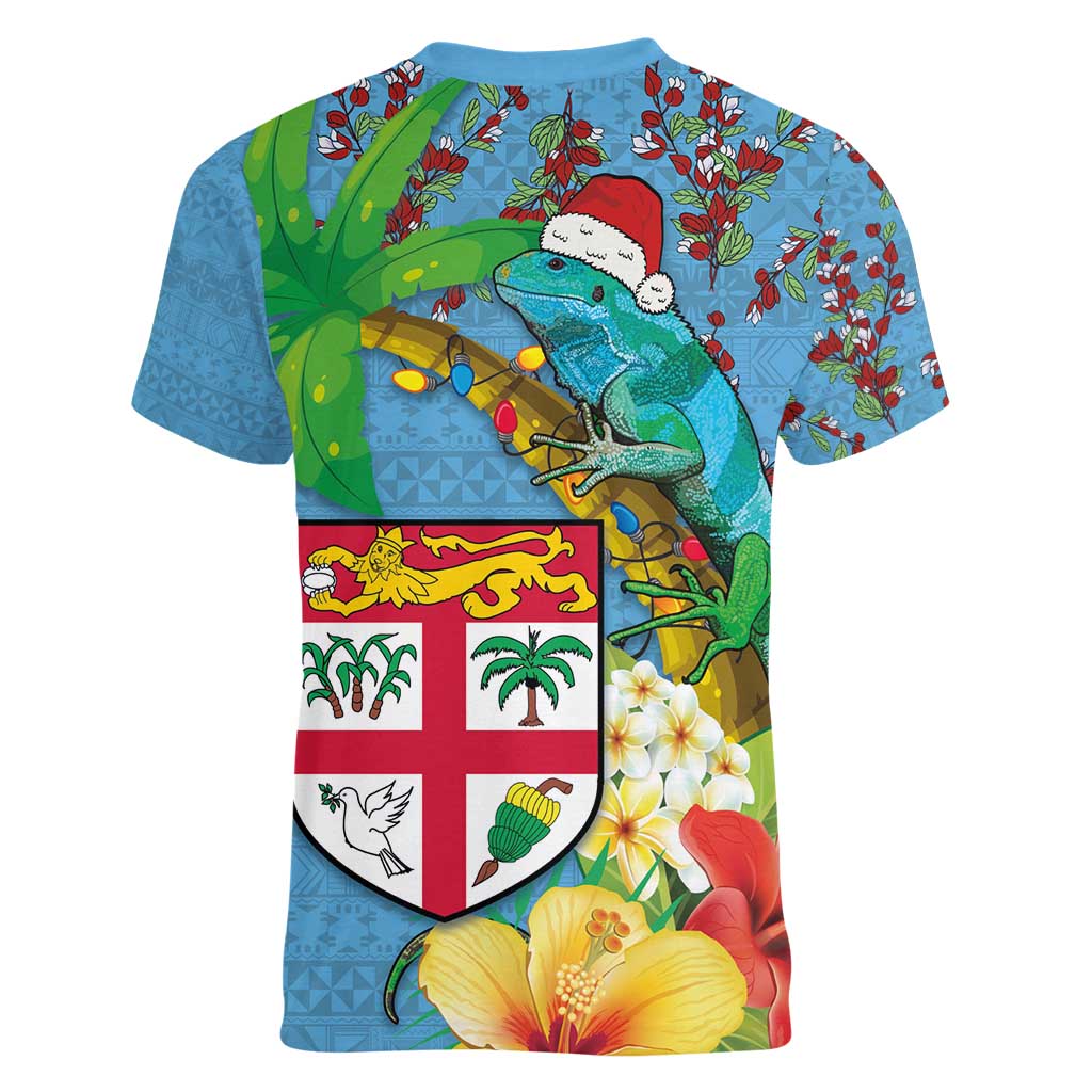 Fijians Iguana Tagimoucia Christmas Women V-Neck T-Shirt Christmas Palm Tree and Hibiscus