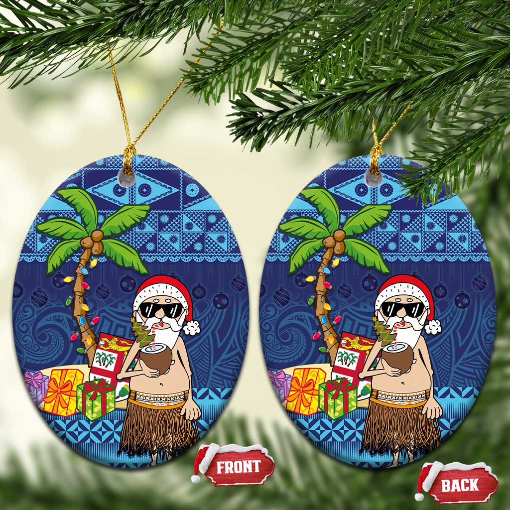 The Funny Santa Wears Sulu Christmas Ceramic Ornament Fijian Christmas Palm Tree With Masi Art Tattoo LT03 Oval Blue - Polynesian Pride