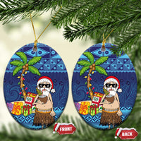 The Funny Santa Wears Sulu Christmas Ceramic Ornament Fijian Christmas Palm Tree With Masi Art Tattoo LT03 Oval Blue - Polynesian Pride