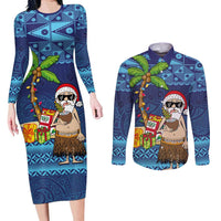 The Funny Santa Wears Sulu Christmas Couples Matching Long Sleeve Bodycon Dress and Long Sleeve Button Shirt Fijian Christmas Palm Tree With Masi Art Tattoo LT03 Blue - Polynesian Pride
