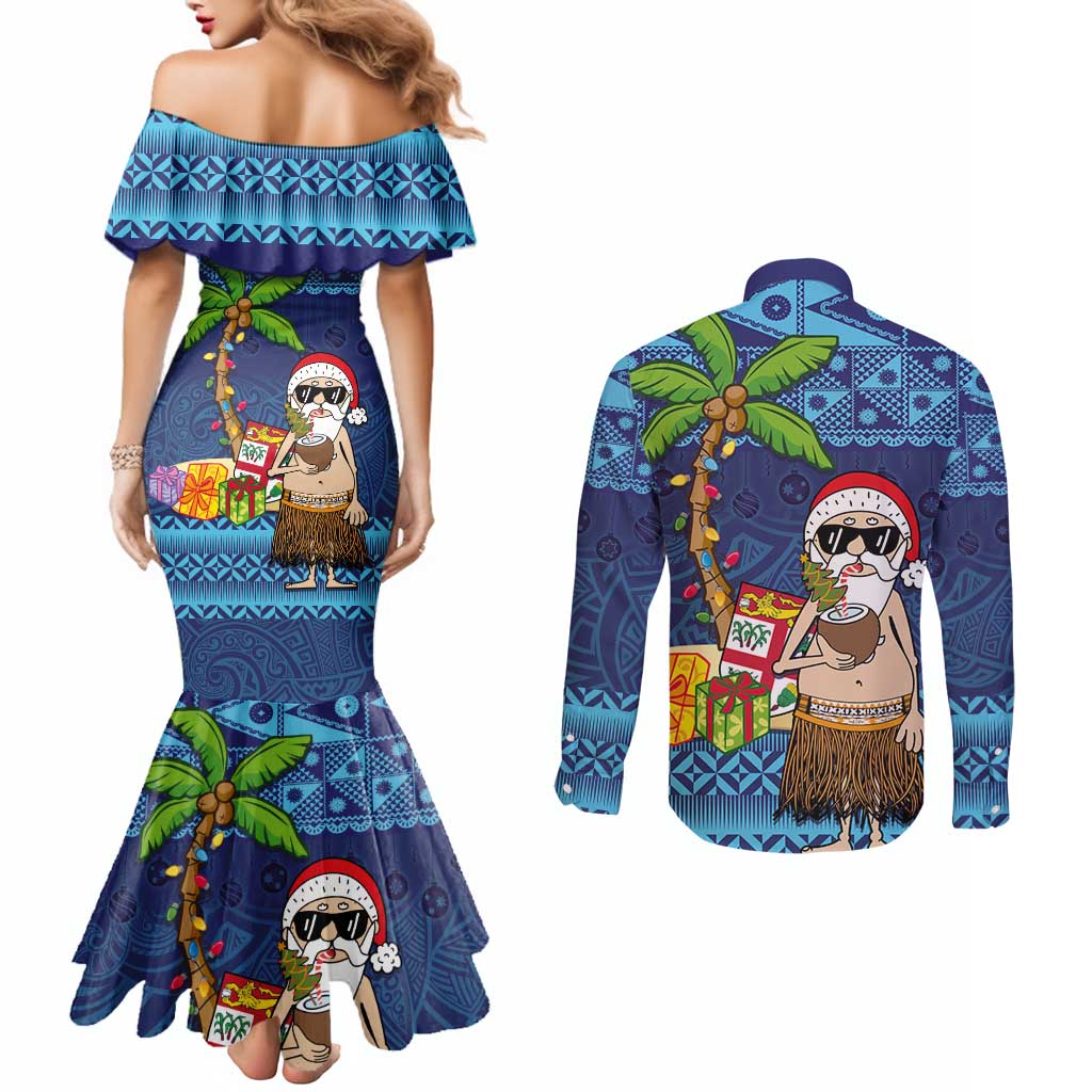 The Funny Santa Wears Sulu Christmas Couples Matching Mermaid Dress and Long Sleeve Button Shirt Fijian Christmas Palm Tree With Masi Art Tattoo LT03 - Polynesian Pride