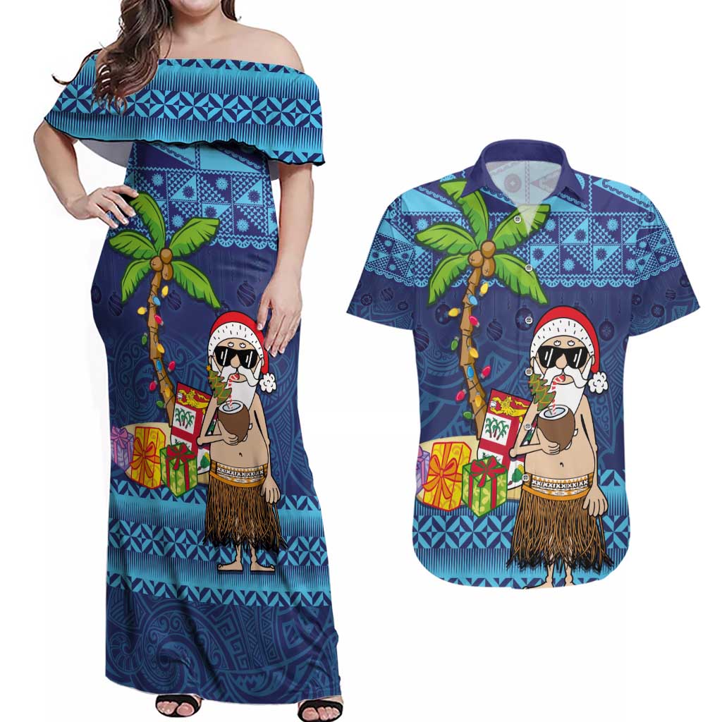 The Funny Santa Wears Sulu Christmas Couples Matching Off Shoulder Maxi Dress and Hawaiian Shirt Fijian Christmas Palm Tree With Masi Art Tattoo LT03 Blue - Polynesian Pride