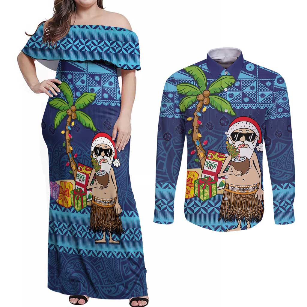 The Funny Santa Wears Sulu Christmas Couples Matching Off Shoulder Maxi Dress and Long Sleeve Button Shirt Fijian Christmas Palm Tree With Masi Art Tattoo LT03 Blue - Polynesian Pride