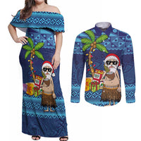 The Funny Santa Wears Sulu Christmas Couples Matching Off Shoulder Maxi Dress and Long Sleeve Button Shirt Fijian Christmas Palm Tree With Masi Art Tattoo LT03 Blue - Polynesian Pride