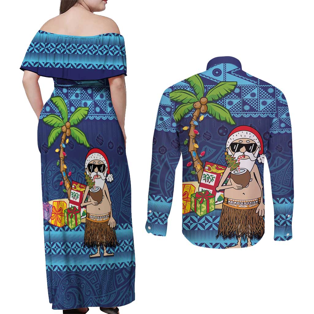 The Funny Santa Wears Sulu Christmas Couples Matching Off Shoulder Maxi Dress and Long Sleeve Button Shirt Fijian Christmas Palm Tree With Masi Art Tattoo LT03 - Polynesian Pride