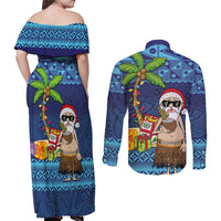 The Funny Santa Wears Sulu Christmas Couples Matching Off Shoulder Maxi Dress and Long Sleeve Button Shirt Fijian Christmas Palm Tree With Masi Art Tattoo LT03 - Polynesian Pride