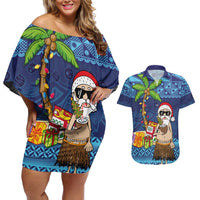 The Funny Santa Wears Sulu Christmas Couples Matching Off Shoulder Short Dress and Hawaiian Shirt Fijian Christmas Palm Tree With Masi Art Tattoo LT03 Blue - Polynesian Pride