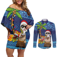 The Funny Santa Wears Sulu Christmas Couples Matching Off Shoulder Short Dress and Long Sleeve Button Shirt Fijian Christmas Palm Tree With Masi Art Tattoo LT03 Blue - Polynesian Pride
