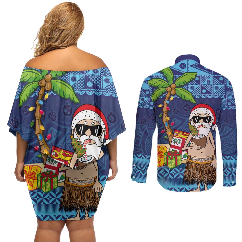 The Funny Santa Wears Sulu Christmas Couples Matching Off Shoulder Short Dress and Long Sleeve Button Shirt Fijian Christmas Palm Tree With Masi Art Tattoo LT03 - Polynesian Pride