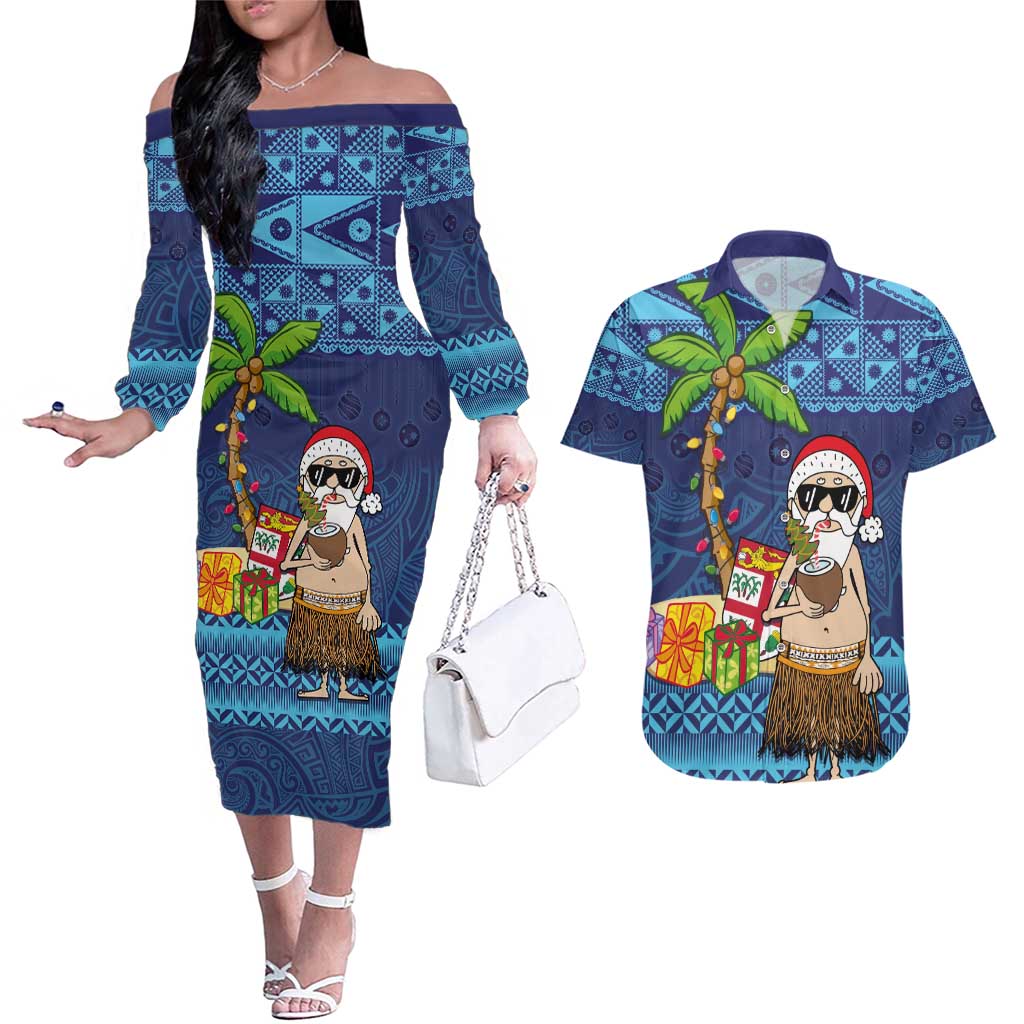 The Funny Santa Wears Sulu Christmas Couples Matching Off The Shoulder Long Sleeve Dress and Hawaiian Shirt Fijian Christmas Palm Tree With Masi Art Tattoo LT03 Blue - Polynesian Pride