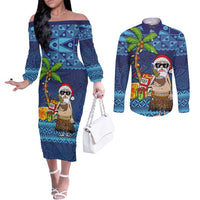 The Funny Santa Wears Sulu Christmas Couples Matching Off The Shoulder Long Sleeve Dress and Long Sleeve Button Shirt Fijian Christmas Palm Tree With Masi Art Tattoo LT03 Blue - Polynesian Pride