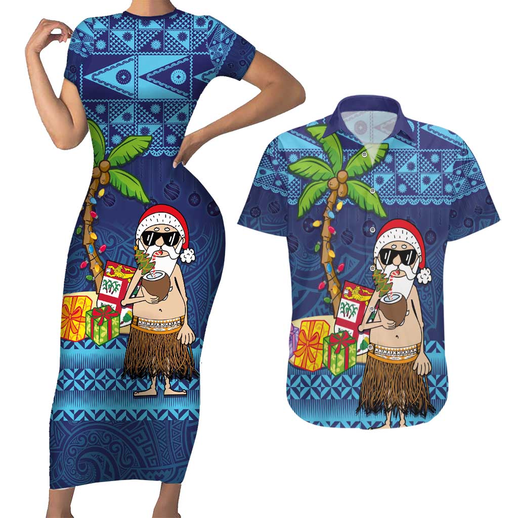 The Funny Santa Wears Sulu Christmas Couples Matching Short Sleeve Bodycon Dress and Hawaiian Shirt Fijian Christmas Palm Tree With Masi Art Tattoo LT03 Blue - Polynesian Pride