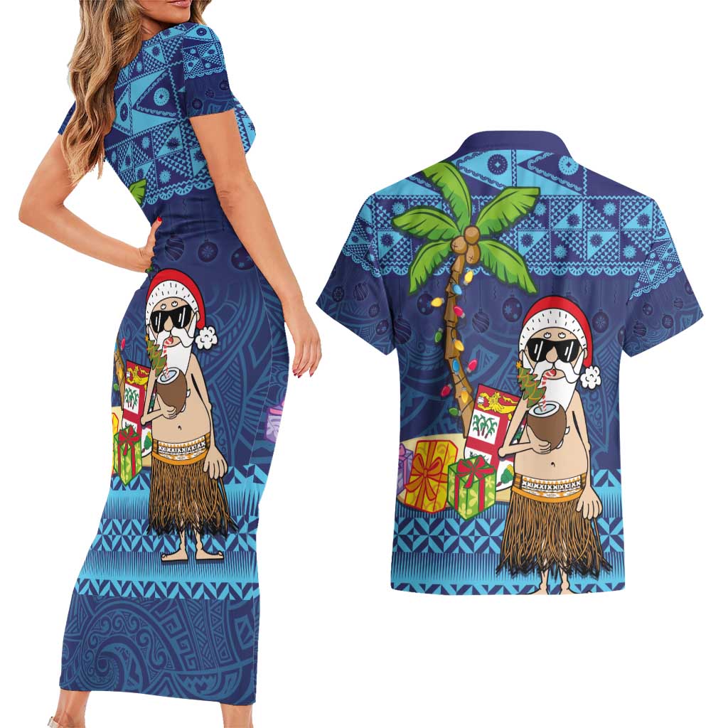 The Funny Santa Wears Sulu Christmas Couples Matching Short Sleeve Bodycon Dress and Hawaiian Shirt Fijian Christmas Palm Tree With Masi Art Tattoo LT03 - Polynesian Pride