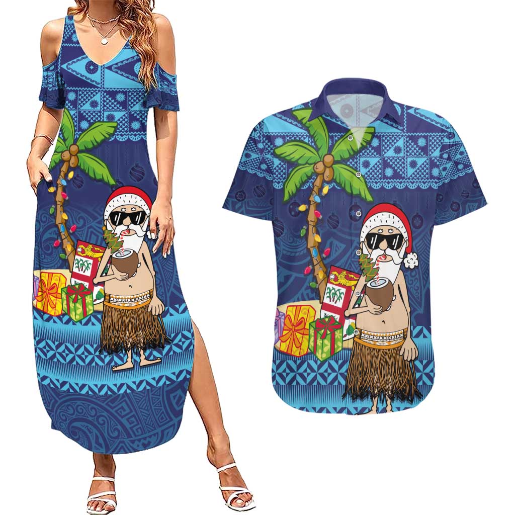 The Funny Santa Wears Sulu Christmas Couples Matching Summer Maxi Dress and Hawaiian Shirt Fijian Christmas Palm Tree With Masi Art Tattoo LT03 Blue - Polynesian Pride